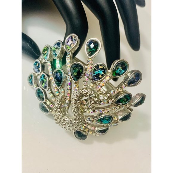 Rhinestone Peacock Boho Hinged Cuff Bracelet - Picture 4 of 10